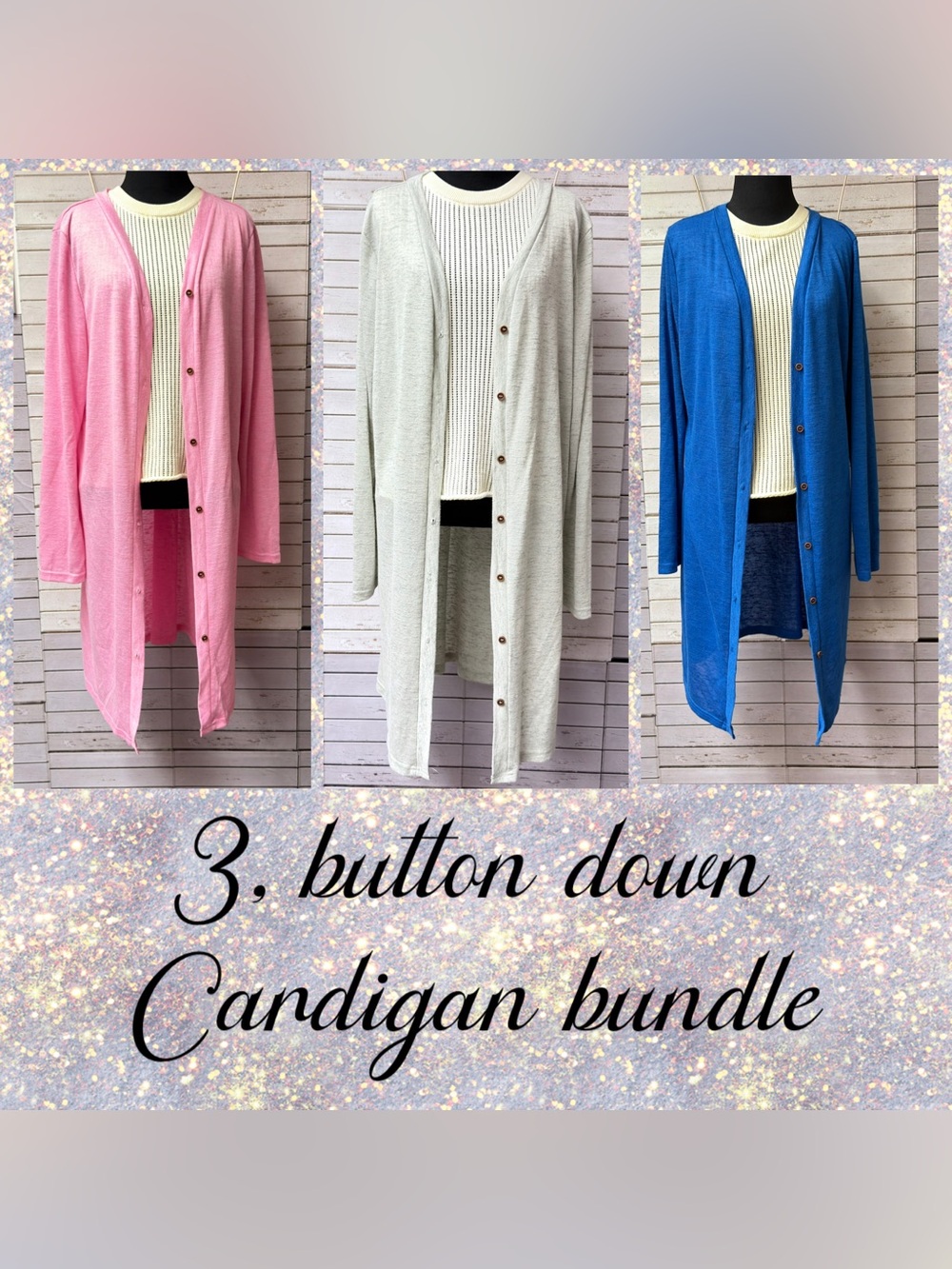 Button-Down Long Cardigan Trio — Pink, Cream, Blue